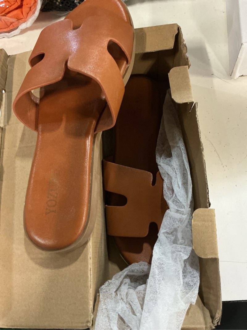 Condition photo showing Good Condition for (( size 7.5))yozuru womens flat sandals open toe dressy summer sandals comfortable casual slip on leather slides sandals for women brown