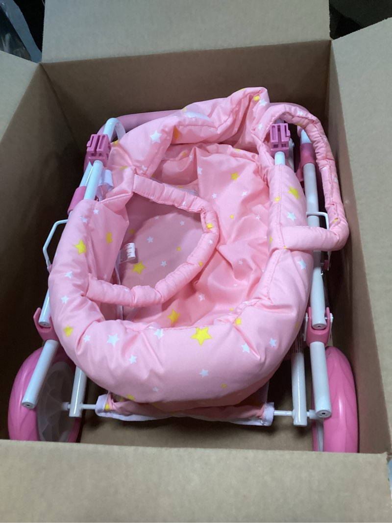 Condition photo showing Good Condition for Olivia's Little World - Play Baby Doll Bassinet Stroller, Baby Doll Pram Stroller Buggy for 3 4 5 Year Old Girls, Toy Stroller for Toddlers 1-3, Twinkle Stars Princess Deluxe Toy Stroller - Pink/White Pink Deluxe