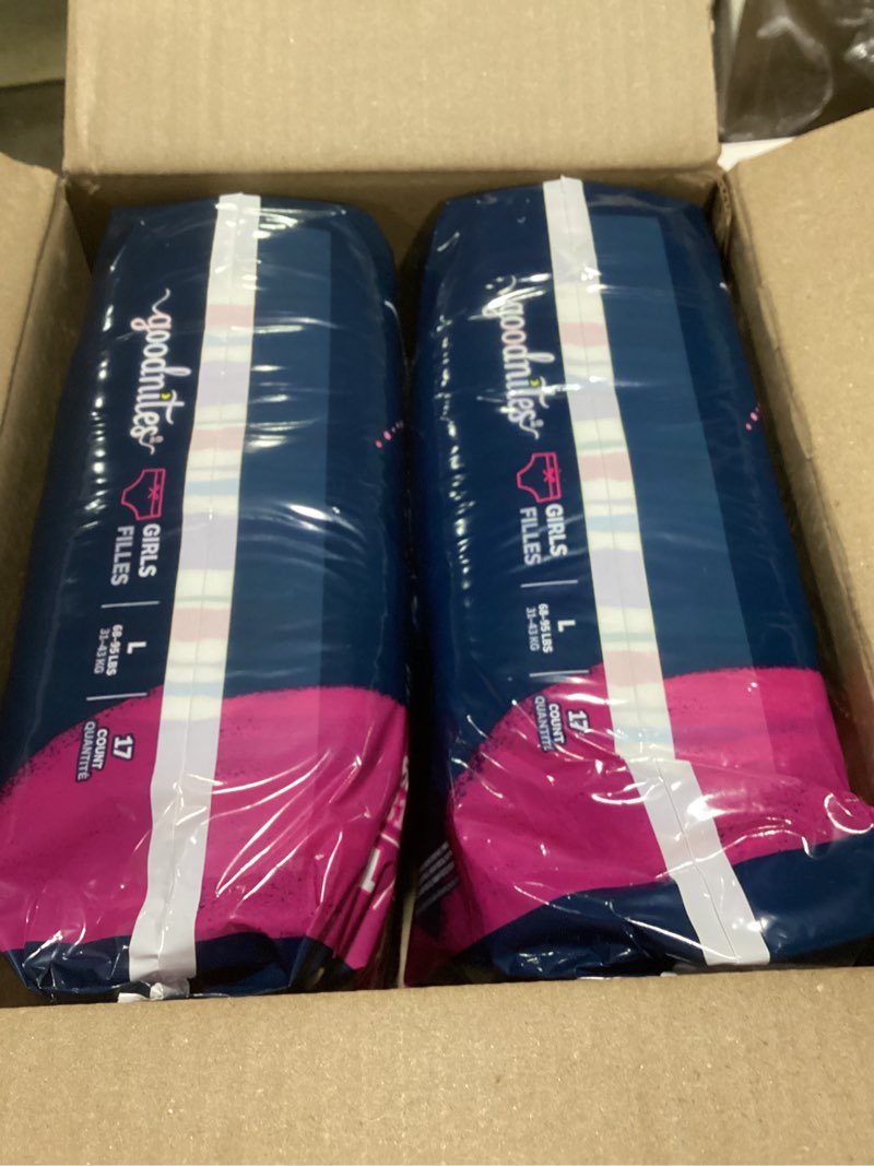 Condition photo showing Good Condition for Goodnites Girls' Nighttime Bedwetting Underwear, Size Large (68-95 lbs), 34 Ct (2 Packs of 17), Packaging May Vary Large 34