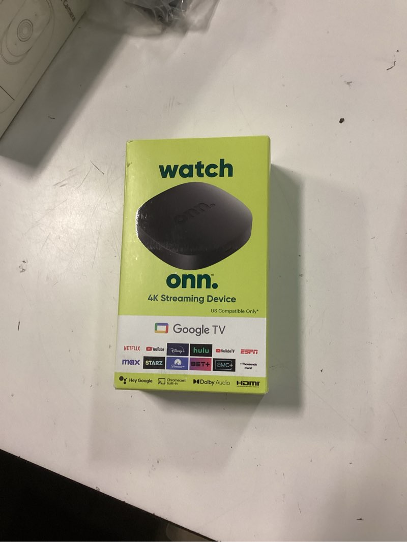 Condition photo showing New/Like New for onn android tv 4k uhd streaming device with voice remote control google assistant & high speed hdmi cable (100026240) black