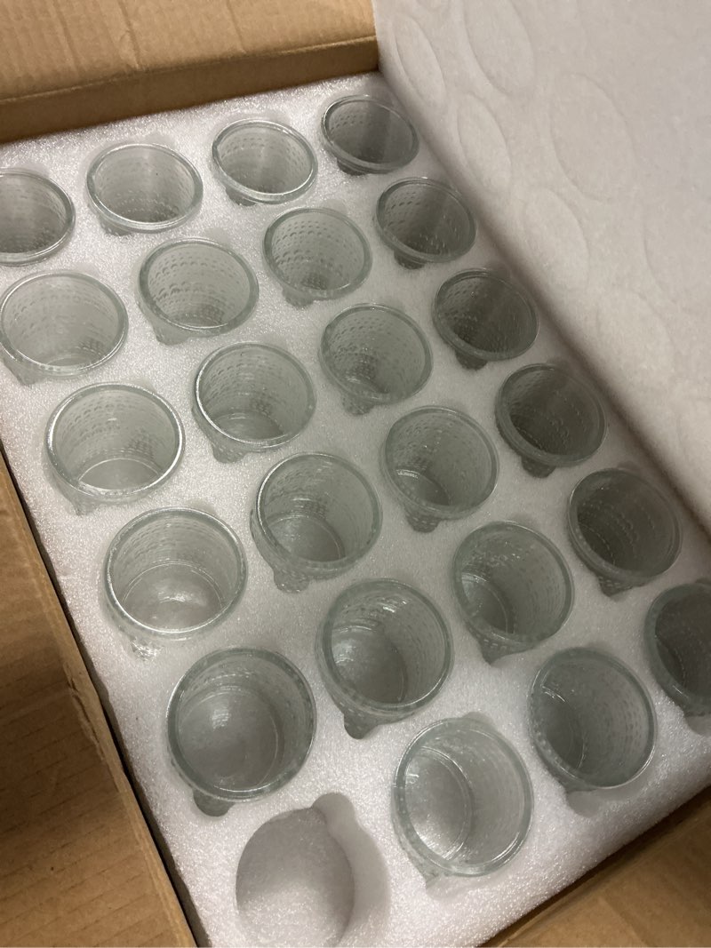 Condition photo showing Good Condition for 24 pack clear glass votive candle holders, vintage candle holder for floating candle, tealight candle holder for table centerpieces home bridal shower birthday christmas wedding party table decoration