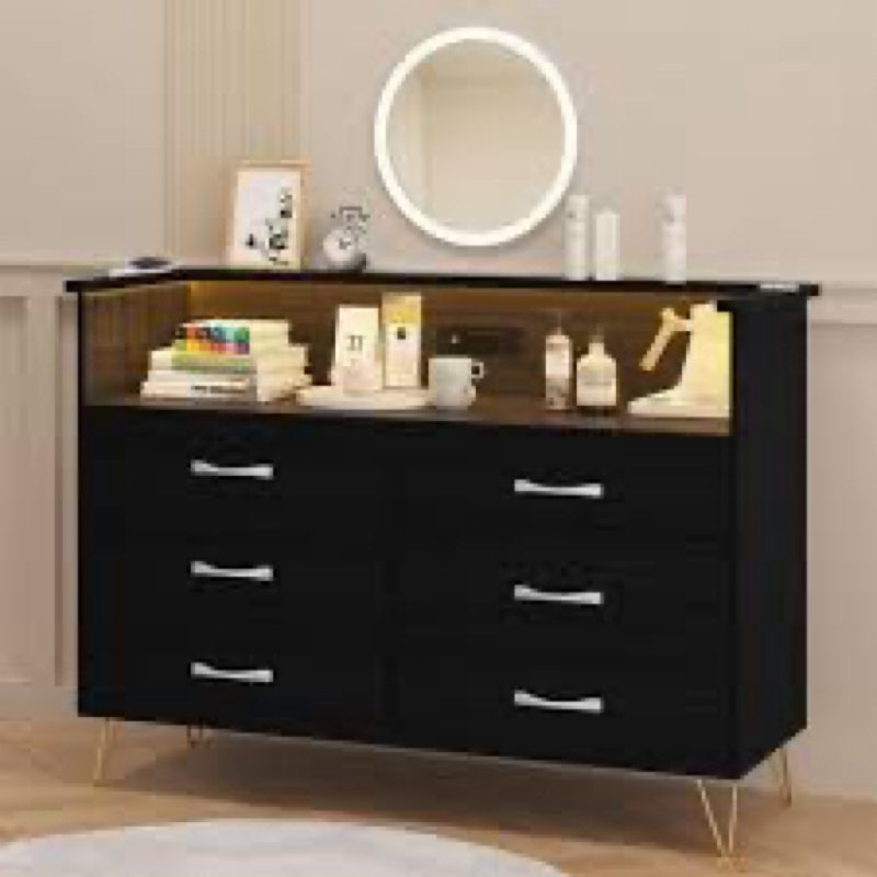 (Similar )Black Dresser for Bedroom with 6 Drawers, Large Wooden Bedroom Dressers with Power Outlet and Led Li