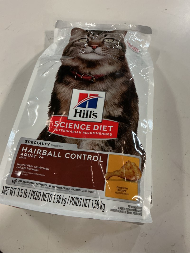 Condition photo showing New/Like New for best by 06/2027)hill's science diet hairball control, senior adult 7+, hairball control support, dry cat food, chicken recipe, 3.5 lb bag chicken 3.5 pound (pack of 1)