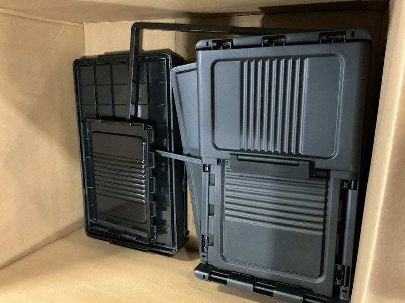 Condition photo showing As Is for sailun 26gal/105qt stackable storage bins folding collapsible storage bins with lid, closet organizers and storage box with door black 18" w x 11" d x 32" h 1 lid 3 pack-18" w x 11" d x 32" h black