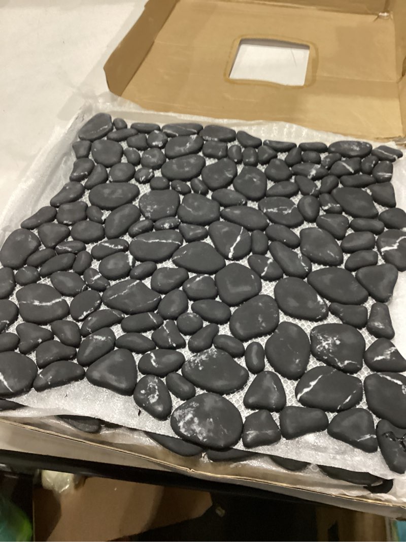 Condition photo showing Good Condition for soulscrafts pebble tile for shower floor, black marble veins oval, 10 sheets pebble mosaic backsplash tiles for kitchen bathroom wall and floor 12x12 inch black marble veins oval