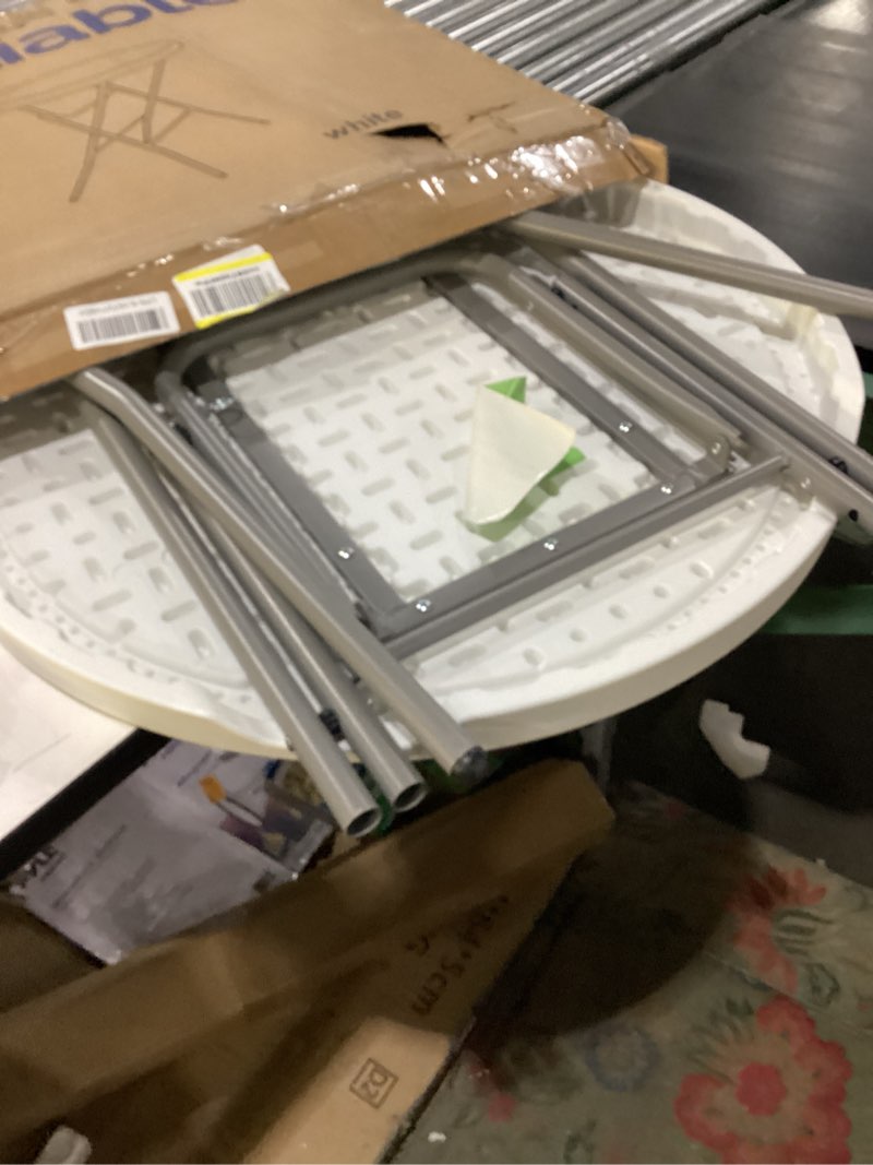 Condition photo showing Good Condition for 28in Cocktail Table White High Top Folding, Round Portable Bar Height Folding Table with Removable Legs, Indoor Outdoor Banquet for Parties, Commercial, Speech, School White 28×43 in