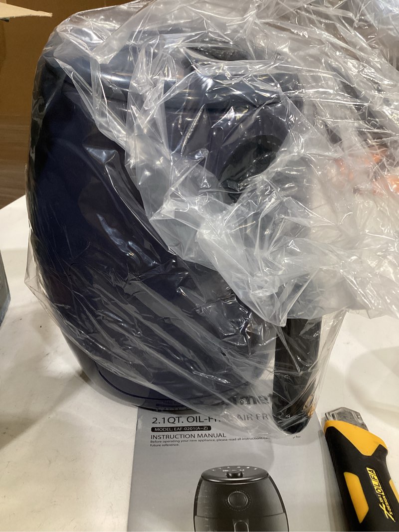 Condition photo showing New/Like New for elite gourmet eaf-0201bg personal 2.1 qt. compact space saving electric hot air fryer oil-less healthy cooker, timer & temperature controls, 1000w, quart, blue gray 2.1 quart blue gray