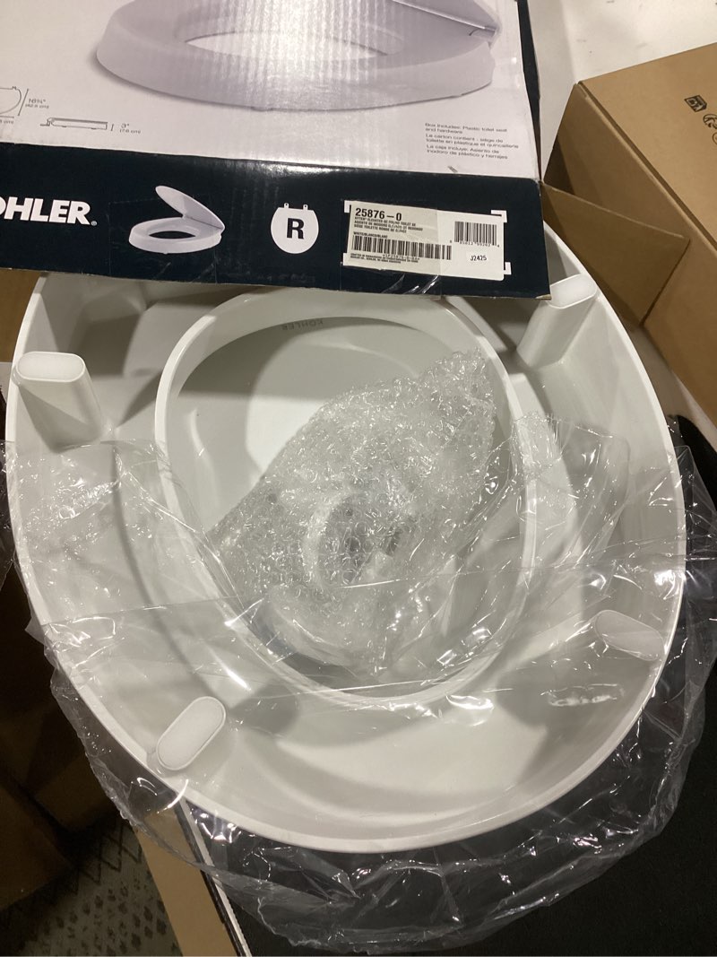 Condition photo showing Good Condition for kohler 25876-0 hyten 3" height, elevated soft close round toilet seat, contoured seat with grip-tight bumpers, quick-attach hardware, white white round