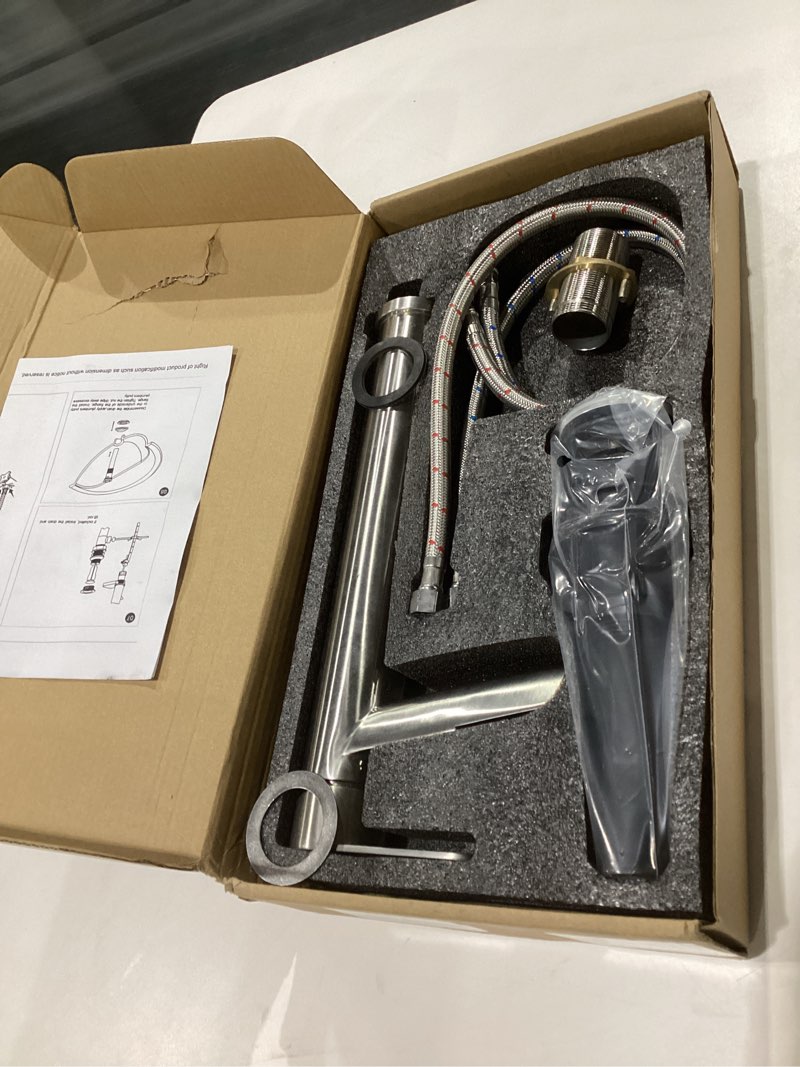Condition photo showing New/Like New for VCCUCINE Vessel Sink Faucet Brushed Nickel, Single Handle Single Hole Waterfall Rv Bathroom Faucet, Tall Lavatory Vanity Bowl Sink Faucet with Pop Up Drain and Two 3/8" Hoses Brushed Nickel 1 Hole Tall Vessel Sink Faucet