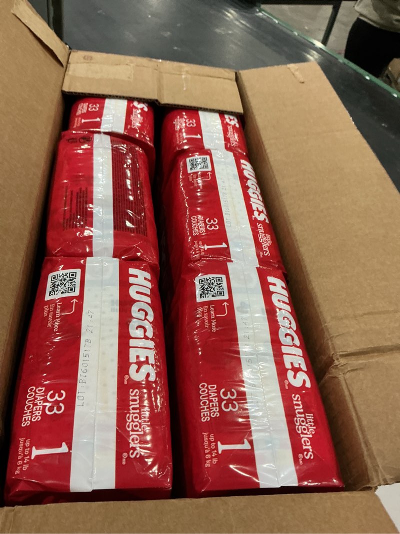 Condition photo showing Good Condition for huggies size 1 diapers, little snugglers diapers, size 1 (8-14 lbs), 198 count (6 packs of 33), packaging may vary