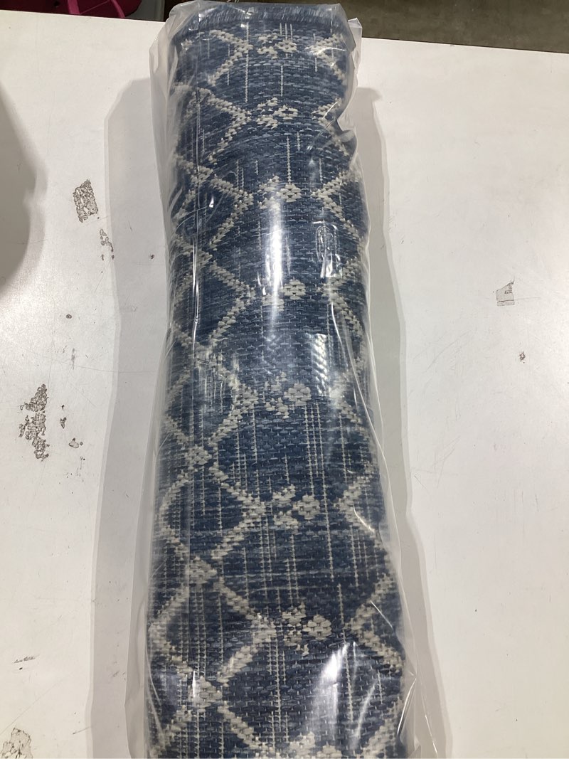 Condition photo showing New/Like New for jonathan y moroccan geometric indoor outdoor runner rug 2x14 navy/light gray, ourika textured weave for backyard, patio, porch, easy-cleaning, high traffic, pet-friendly, non-shedding (smb108b-214) navy/light gray 2'2" x 14' (runner)