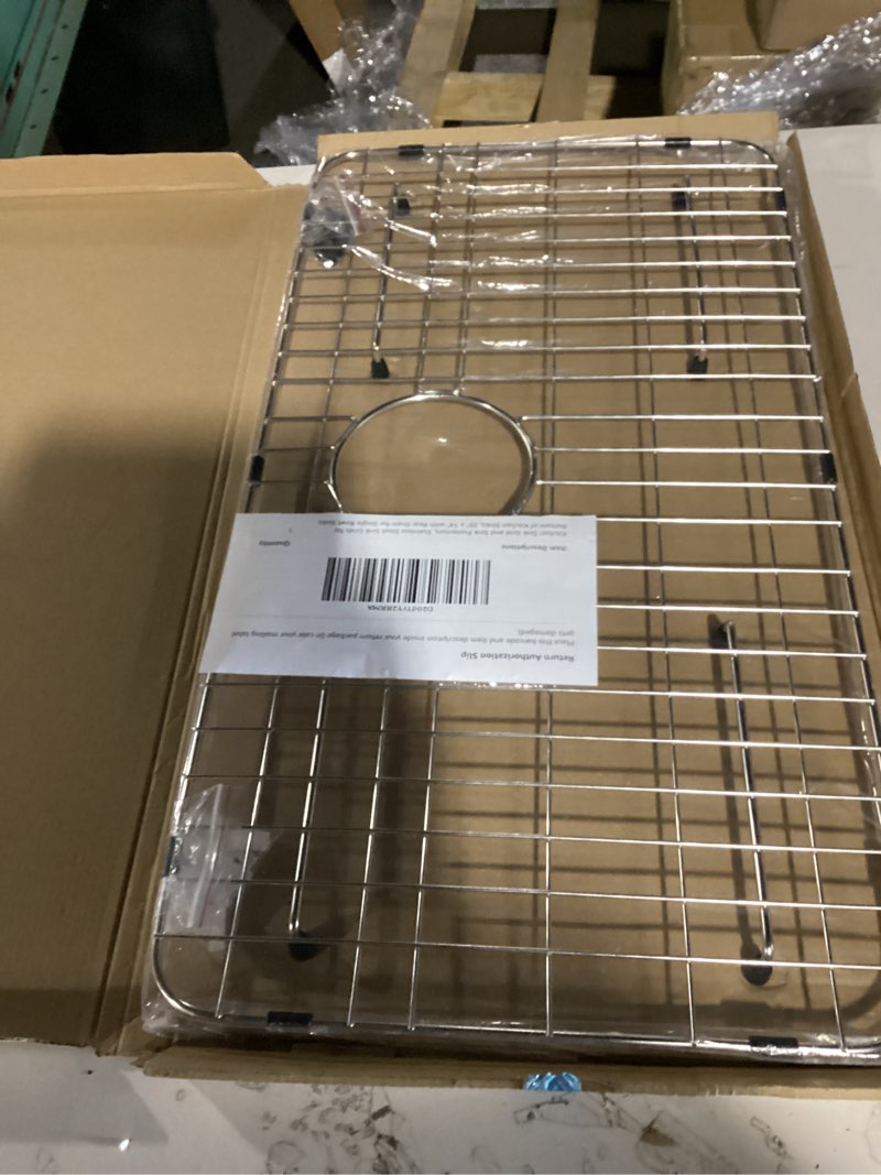 Condition photo showing New/Like New for kitchen sink grid and sink protectors, stainless steel sink grids for bottom of kitchen sinks, 26" x 14" with rear drain for single bowl sinks