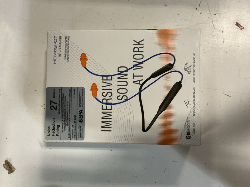 Condition photo showing New/Like New for homespot noise reduction wireless neckband headphones with qualcomm aptx hd, 27db nrr, cvc noise cancelling mic & controls and 20h playtime for work safety osha compliant - blue wire orange earbuds blue with orange