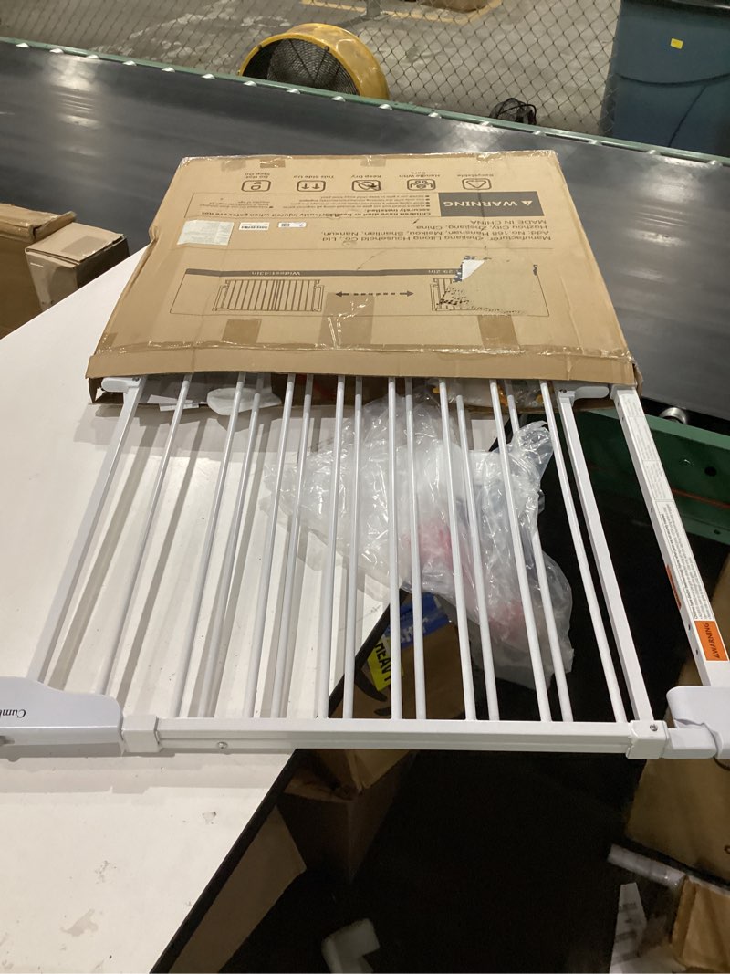 Condition photo showing As Is for cumbor 29.2–43" baby gate for stairs, hardware mounted (drill required), expandable no bottom bar dog gate, auto close extra wide walk thru, pet & toddler proof gate, top & bottom of stairways (white) white hardware mounted only (no bottom bar) 29.2"-43" w x 28" h