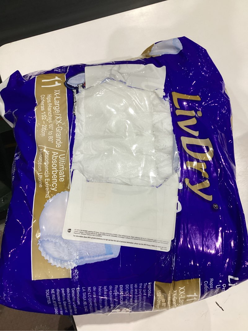 Condition photo showing As Is for livdry ultimate 2xl adult incontinence underwear, max absorbent diapers for women and men, xxl 60” -80" waist, leak proof cuff, xx-large, 11-pack xx-large (11 count)