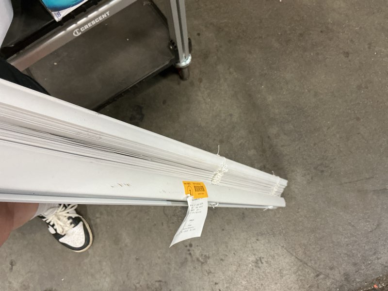 Condition photo showing As Is for Allen + Roth Trim at Home 2-in Slat Width Cordless White