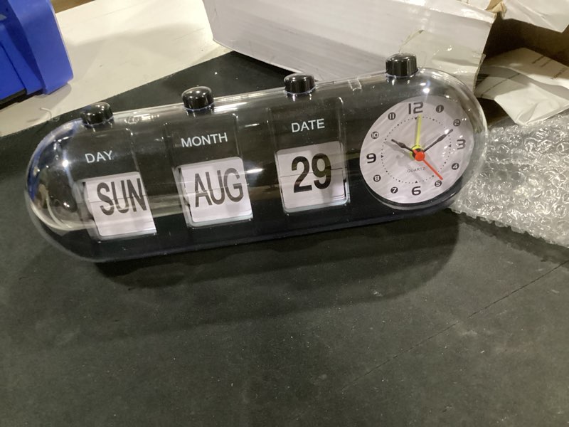 Condition photo showing Good Condition for flip clock, manual jump desktop clocks with date retro table clock non ticking calendar alarm clocks, month, day of week display(black)