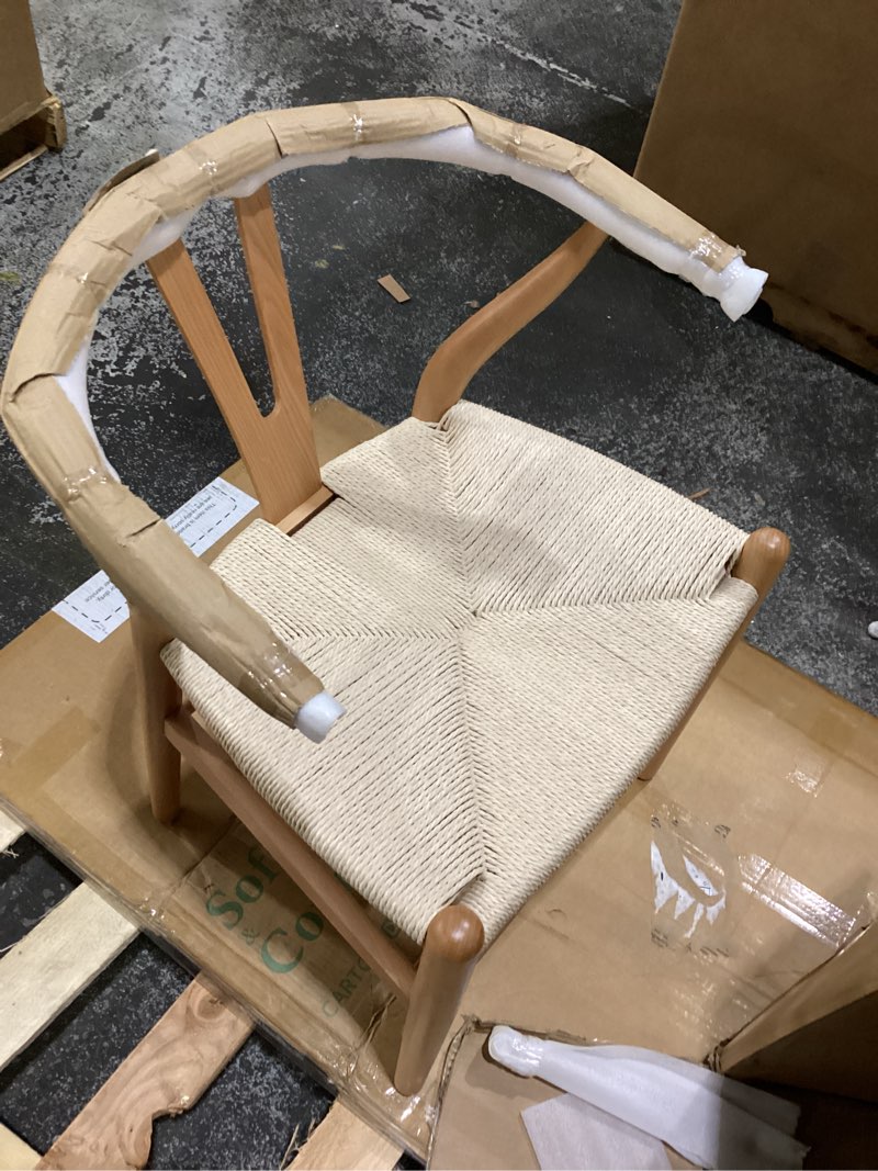 Condition photo showing New/Like New for **two chairs**  poly & bark weave dining chair – mid-century modern wishbone dining chair with arms, solid wood frame, indoor use – oak – single - ideal for dining room, kitchen, or stylish accent setting oak single