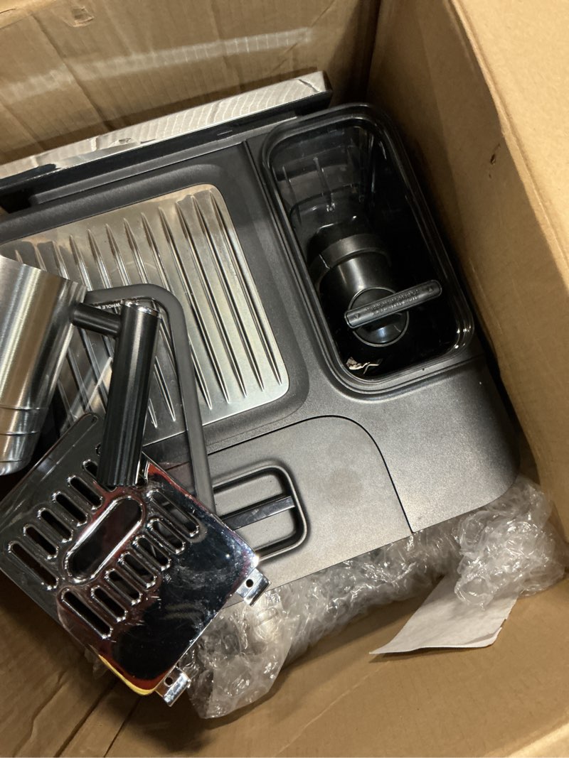 Condition photo showing As Is for ninja luxe café premier 3-in-1 espresso machine, drip coffee, & rapid cold brew | built-in coffee grinder, hands-free milk frother, assisted tamper for cappuccinos & lattes | stainless steel | es601 luxe cafe stainless steel