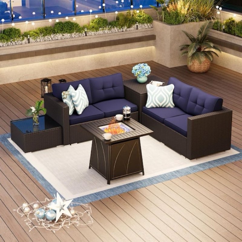 (Incomplete) Black Rattan Navy Blue Cushion Outdoor Gas Fireplace seating set 