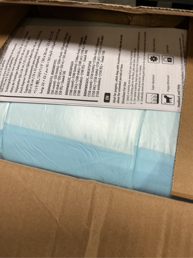 Condition photo showing New/Like New for Amazon Basics Dog and Puppy Pee Pads, 5-Layer Leak-Proof Super Absorbent, Quick-Dry Surface, Potty Training, Regular (22x22"), 150 Count, Blue & White
