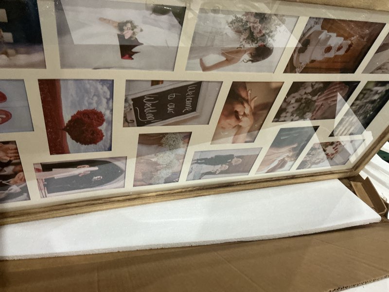 Condition photo showing Good Condition for large collage picture frame,wood multi photo frames,20 openings for 4x6 photos,wall-mounted photo display?carbonized brown