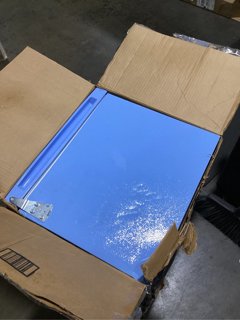 Condition photo showing As Is for frigidaire retro compact fridge with chiller, 3.2 cu ft countertop fridge with built-in bottle opener, compact refrigerator for office, bedroom, dorm room or cabin - 16.5" d x 19" w x 31" h (blue)