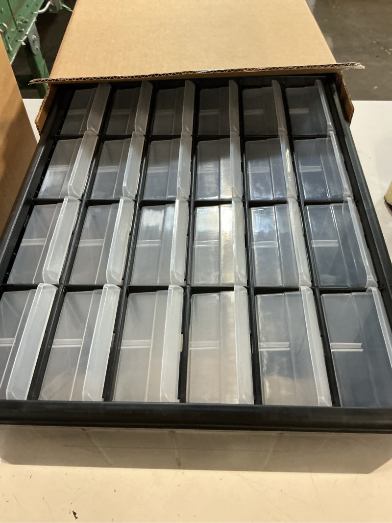 Condition photo showing New/Like New for akro-mils 24-drawer plastic drawer storage cabinet for garage organization, bead organizer, building bricks storage, teacher toolbox, makeup organizer, 20" w x 6" d x 16" h, 10724 black 24 drawer