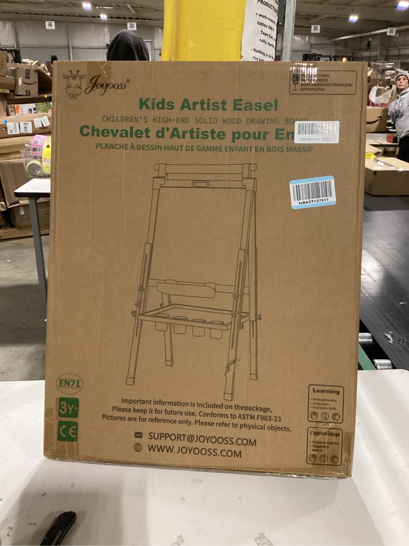 Condition photo showing New/Like New for JOYOOSS Kids Wooden Easel with Paper Roll - Adjustable Magnetic Double Sided Drawing Board Whiteboard & Chalkboard Dry Easel Board,Children Art Easel for 3~12 Years Kids Boys Girls Painting Drawing Kids Easel w Red Tray