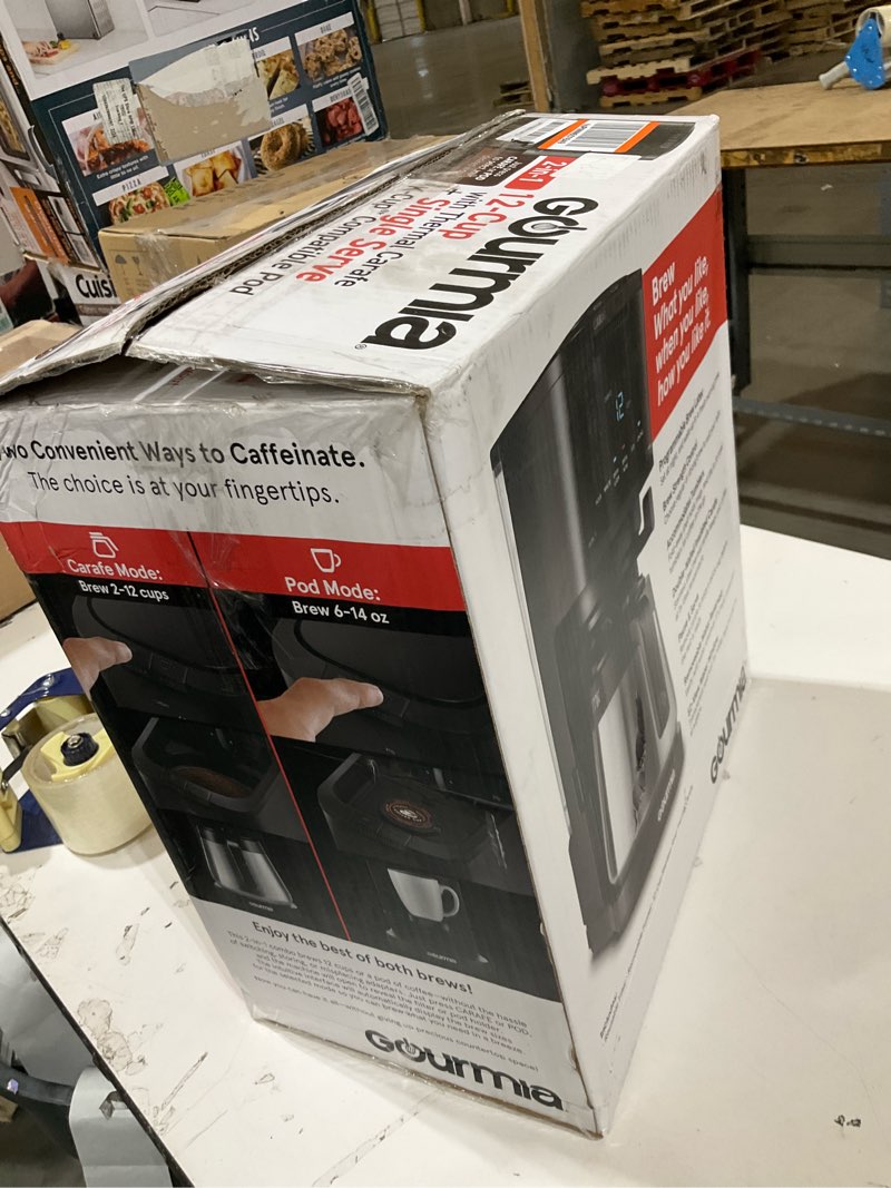 Condition photo showing As Is for gourmia 2-in-1 single serve and 12 cup coffee maker - drip brew, k-cup compatible, programmable, pause and serve, removable filter, thermal carafe, black