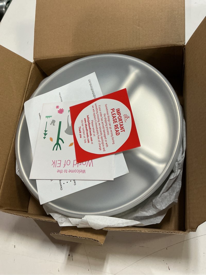 Condition photo showing New/Like New for elk and friends kids stainless steel divided plates with silicone suction sleeves | lids included | suitable for babies/toddlers | dishwasher safe | stay put dinnerware | snack dishes | 2 pack sage/misty blue suction sleeve