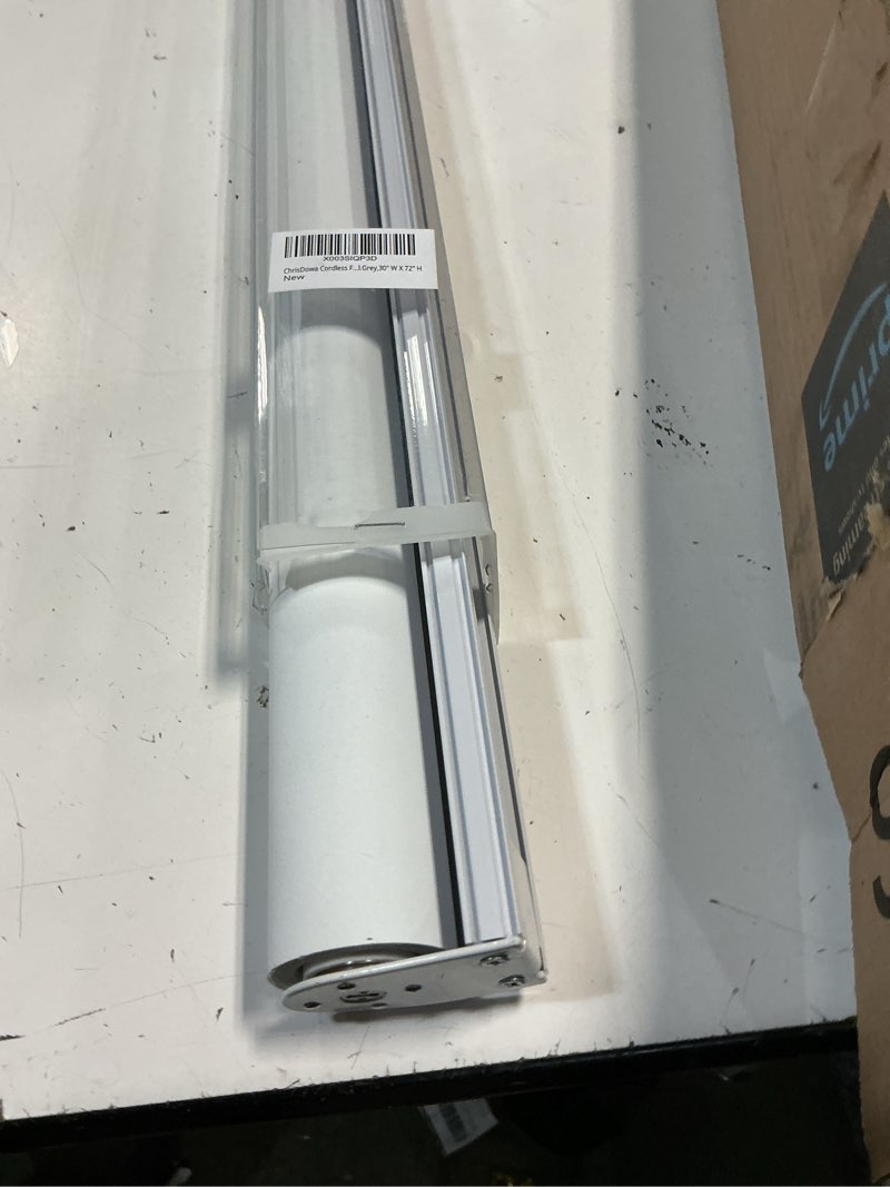 Condition photo showing As Is for chrisdowa cordless free-stop 100% blackout blinds for windows, roller windows shades with thermal insulated, uv protection fabric for living room, office and home. easy to install.grey,30" w x 72" h 30"w x 72"h light grey