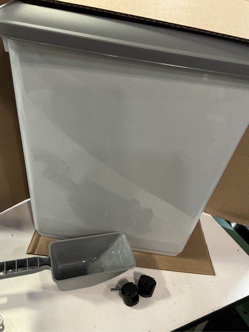 Condition photo showing Good Condition for iris usa dog food storage container with wheels, airtight lid, 2-cup scoop, up to 30 pounds pet food storage, built in scoop storage in lid, versatile pet food bin, portable, bpa free, gray/dark gray 30 lbs gray/dark gray