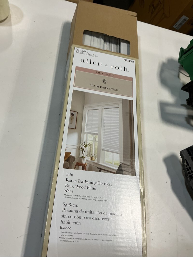 Condition photo showing New/Like New for 1k+ bought last week allen + roth Trim at Home 2-in Slat Width 27-in x 64-in Cordless White Faux Wood Room Darkening