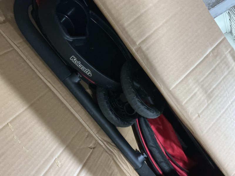 Condition photo showing As Is for kolcraft baby infant and toddler double stroller side-by-side - lightweight, reclining seats, compact fold red