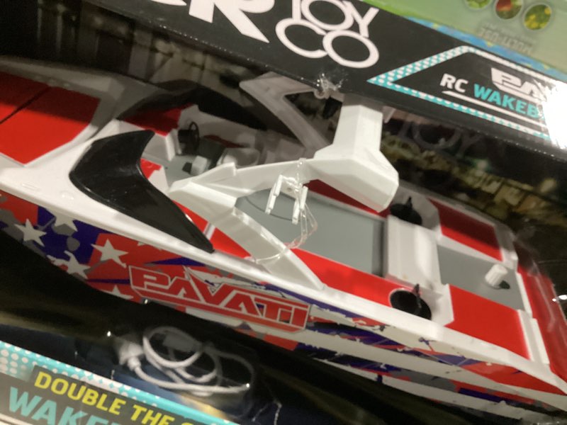 Condition photo showing As Is for hyper toy company, pavati 2.0 rc wakeboard boat, 1:18 scale with remote and battery, stars/stripes
