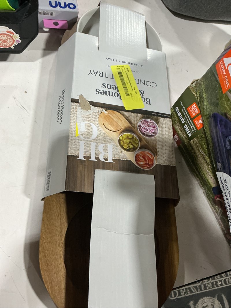 Condition photo showing As Is for better homes & gardens acacia wood tray and stoneware bowl for condiment, 19.69x7.28x2.17 in,3.96 lb