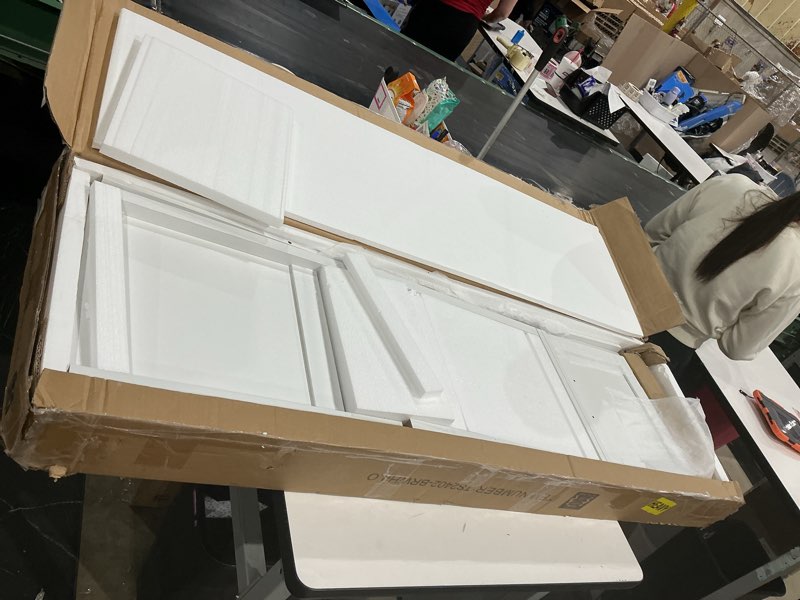 Condition photo showing Good Condition for choochoo 54" farmhouse tv stand for tvs up to 65 inches, entertainment center with storage cabinets, open shelves and fluted door, tv console table for living room, bedroom, white 15.35"d x 53.94"w x 19.69"h white