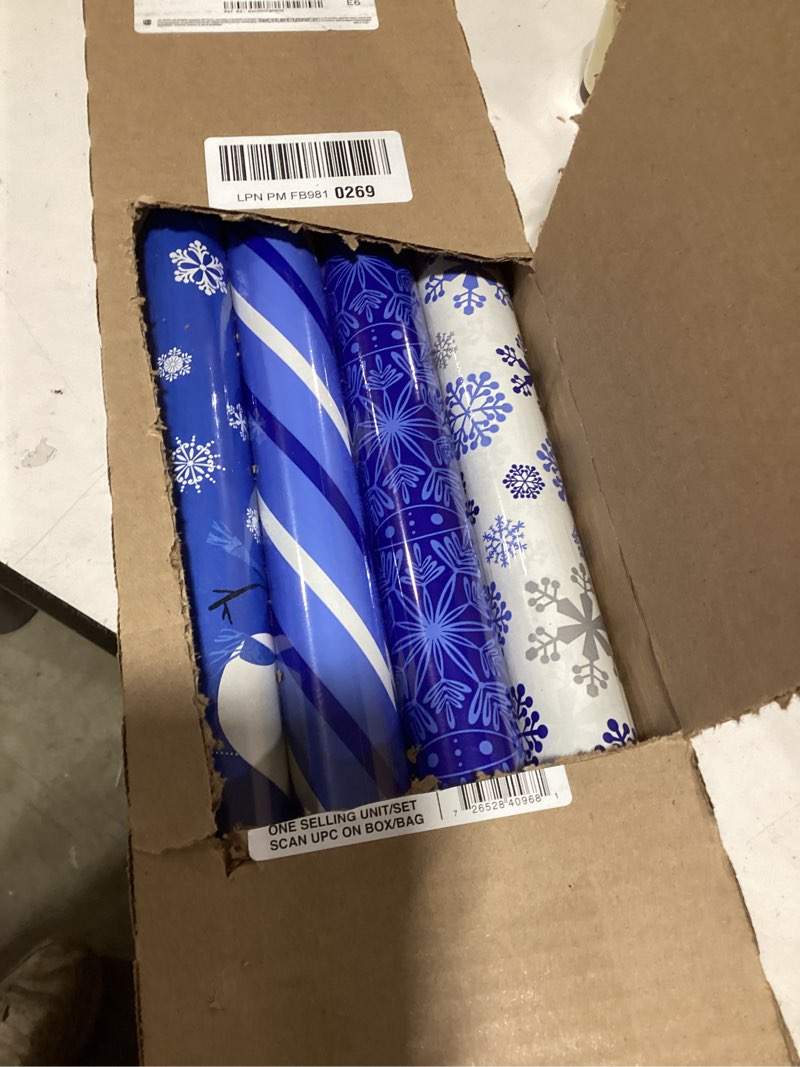 Condition photo showing New/Like New for Image Arts Blue Christmas Wrapping Paper with Cut Lines on Reverse (4 Rolls: 120 sq. ft. ttl) Snowmen, Snowflakes, Blue and White Stripes Snowman, Snowflakes, Stripes