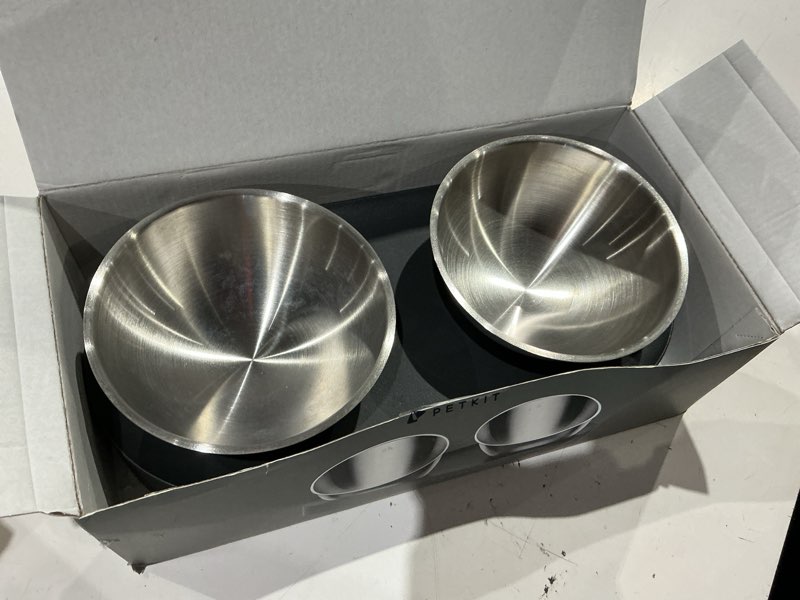 Condition photo showing As Is for petkit 304 stainless steel elevated cat bowls&dog bowls,raised cat food and water bowl set, non-slip, anti vomiting 15°tilted cat small animal plate