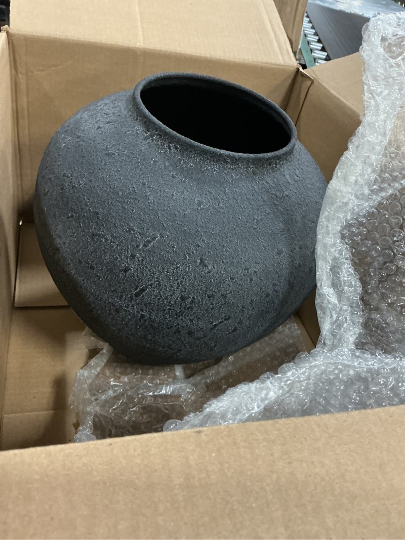 Condition photo showing Good Condition for black large round vase pottery look for home decor, arina black rustic vase modern farmhouse, console table decor, earthy textured big black round vases for centerpieces, jarrones grandes
