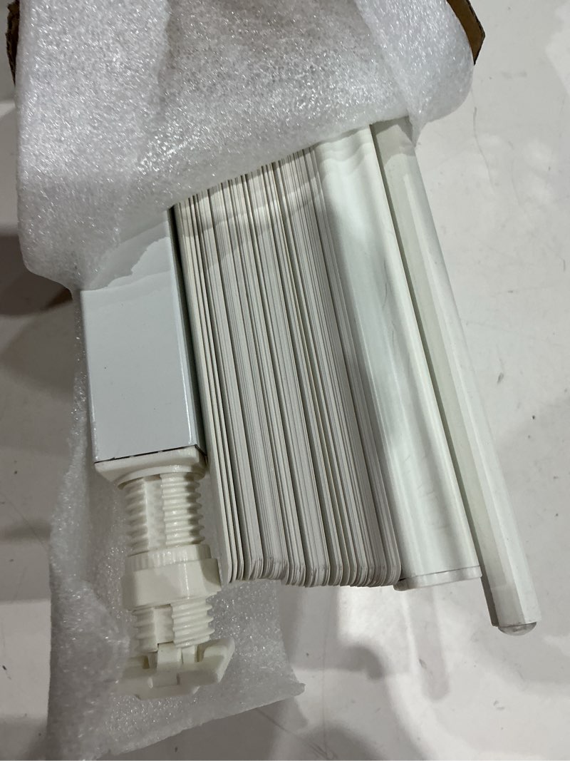 Condition photo showing As Is for myshade no-drill cordless horizontal mini blinds – 43" w x 64" h tool-free inside mount window blinds with 1" vinyl slats, light filtering & privacy, child & pet safe, white cordless-white 43"w x 64"h