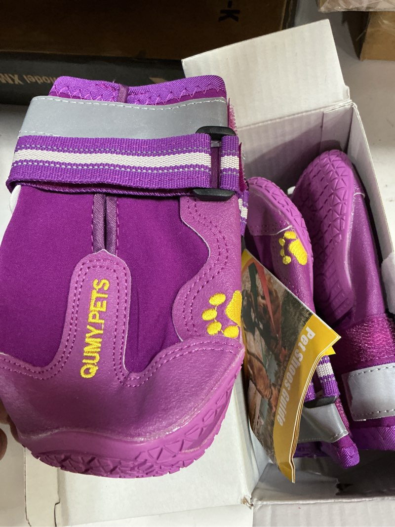 Condition photo showing New/Like New for QUMY Dog Shoes for Large Dogs, Medium Dog Boots & Paw Protectors for Winter Snowy Day, Summer Hot Pavement, Water-Resistant in Rainy Weather, Outdoor Walking, Indoor Hardfloors Skid-Resistant Sole Purple Size 7: 2.8''x3.2"(W*L) (Pack of 4)