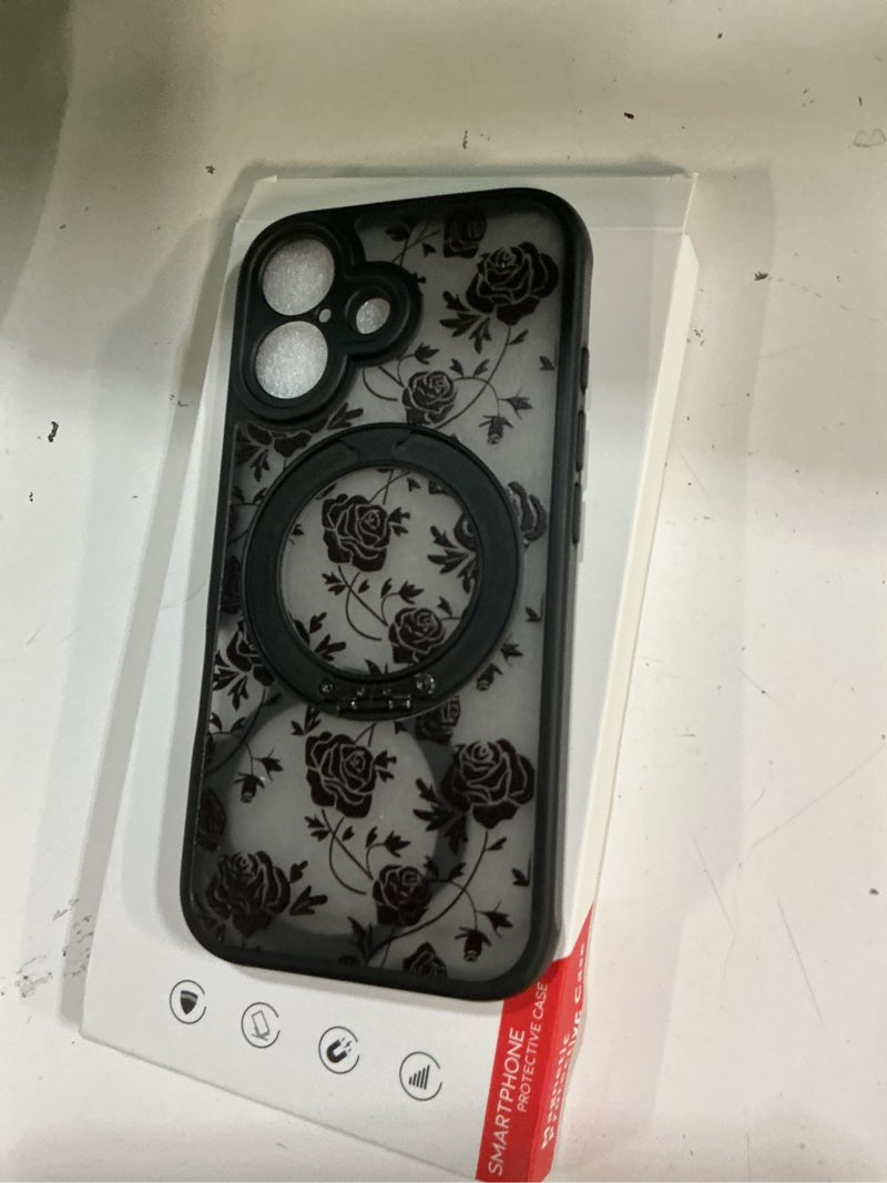 Condition photo showing As Is for magnetic stand case for iphone 17 [360° rotatable kickstand] [compatible with magsafe] black rose design with ring holder case for women girls, translucent matte slim phone cover rose with stand iphone 17
