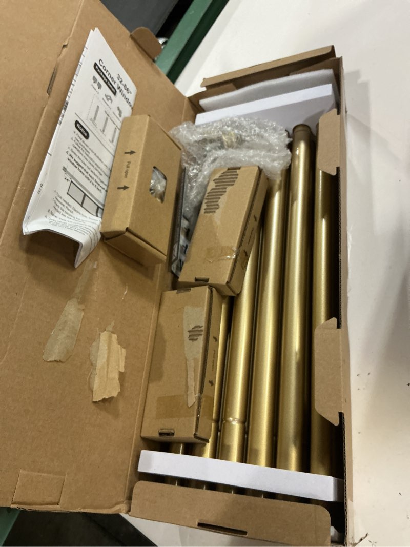 Condition photo showing Good Condition for tonial corner curtain rods, 32-86 inch center rod for window, 20-82 inch side rod for windows 3/4 inch decorative drapery rods with small cap finial, gold antique gold 32-86"(2 sided)
