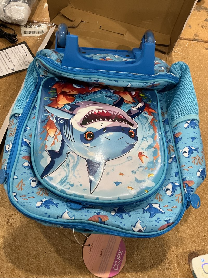 Condition photo showing Good Condition for wzlvo  rolling backpack for boys,kids backpacks with roller wheels, wheeled bookbag with lunch box for toddler elementary school shark blue