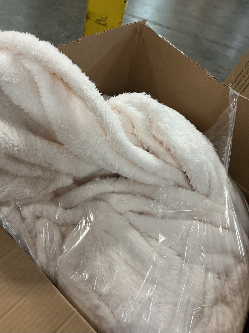 Condition photo showing As Is for snuggle sac buttery ivory throw blanket for couch, reversible super soft knitted blankets, warm cozy knit fuzzy plush lightweight throws dupes for sofa, bed, picnic, ivory, 50 x 60 inches heather ivory throw(50"x60")