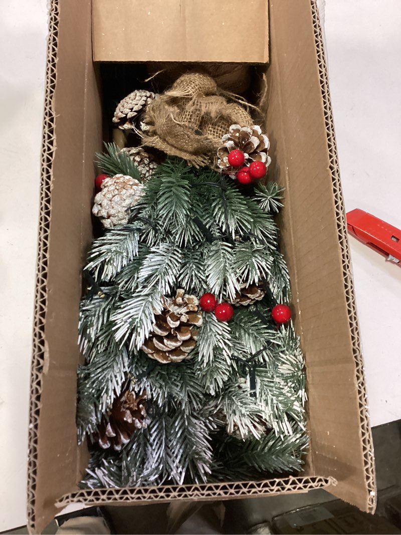 Condition photo showing As Is for 24 inch realistic snowy tabletop christmas tree small christmas tree with 50 warm lights battery operated xmas tree berry pinecone burlap base indoor home table christmas decorations style 3