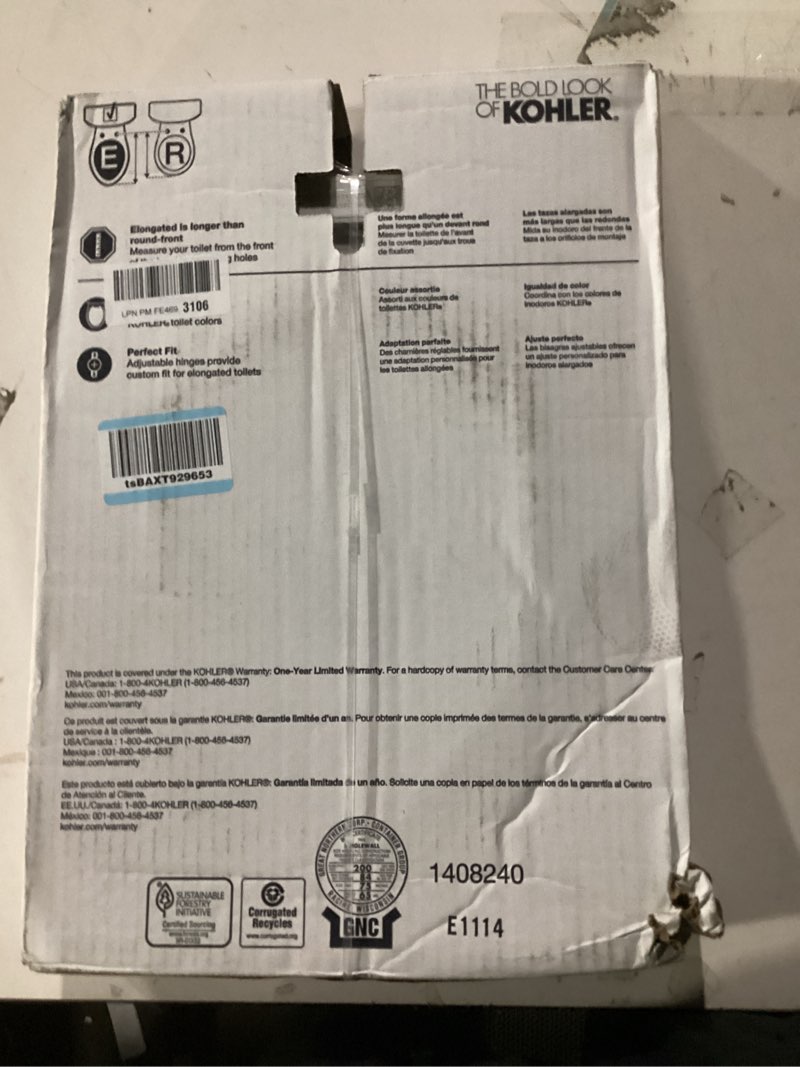 Condition photo showing New/Like New for KOHLER 4636-RL-0 Cachet ReadyLatch Elongated Toilet Seat Slow Close, Soft Close Toilet Seat Quiet Lid, Contoured Grip-Tight Bumpers Installation Hardware, Apartment Essentials, White White Elongated Ready Latch