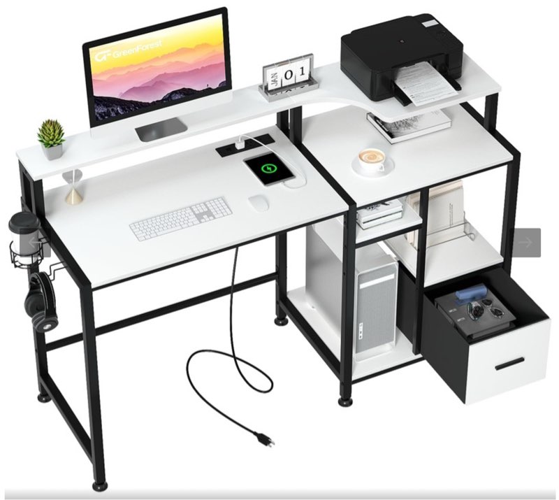 GreenForest Computer Desk with Drawers and Power Outlet, 55 inch Office Desk with Printer Shelf Monitor Stand, Work Desk with Cup Holder Hook, White, BERT